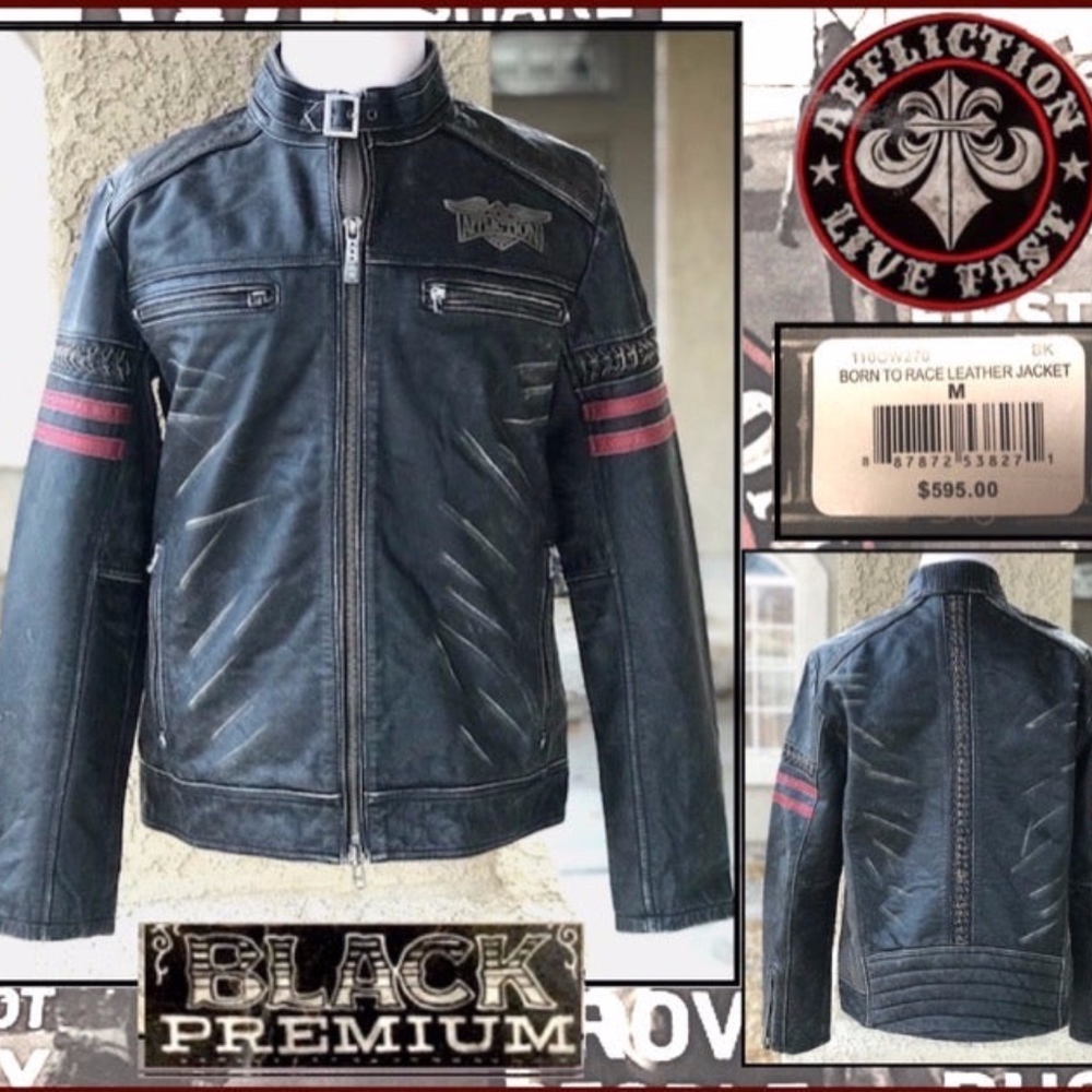 Affliction Black Leather Jacket with Red Stripe Accents
